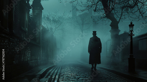 Misty London streets at night, the foreboding figure of Mr. Hyde emerging, encapsulating Stevenson's eerie Victorian.