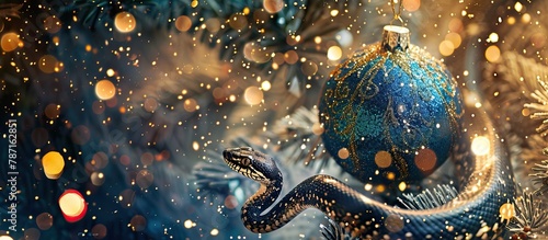 A snake wraps around a blue Christmas ornament on a festively decorated tree photo