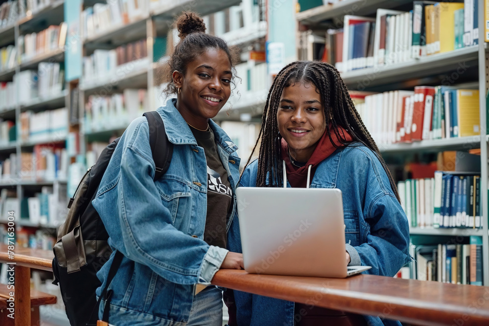 Two girls standing in front of a laptop in a library. Generative AI Two girls standing in front of a laptop in a library. Generative AI