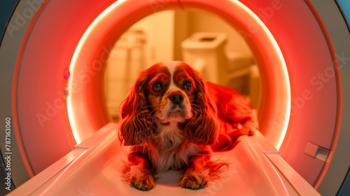 A Cavalier King Charles Spaniel appears intrigued inside an MRI scanner, casting a powerful, emotive gaze