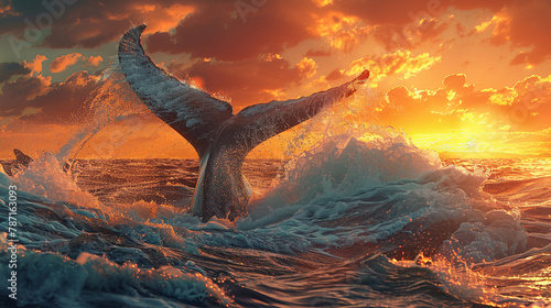 Moby Dick's tail, splashing a massive wave, near the Pequod, sunset on the horizon.