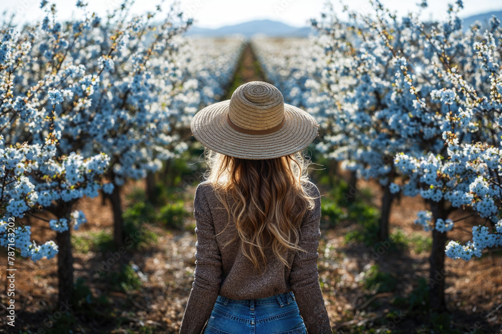 Woman in a hat admiring a blooming orchard. Generative AI image