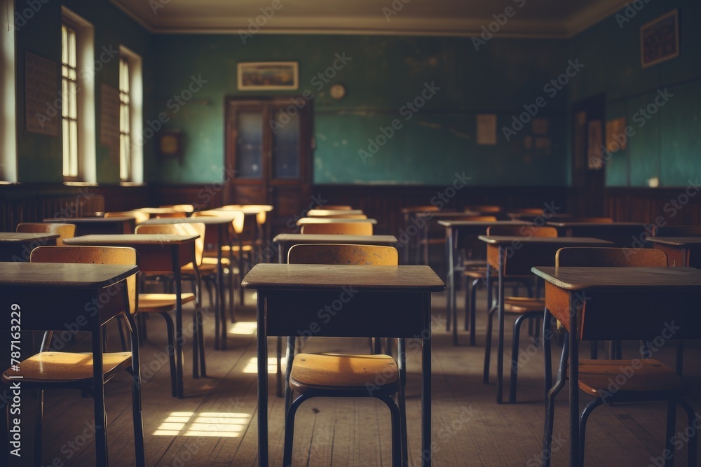 empty old class room in school blurry background