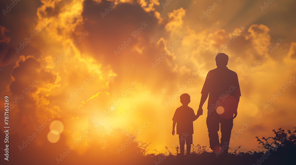 Father and son hand in hand as Sillhuette with sunset, Generative AI Father and son hand in hand as Sillhuette with sunset, Generative AI