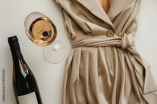 Outfit aid out on a plain background with glass of wine. Fashion website header. 