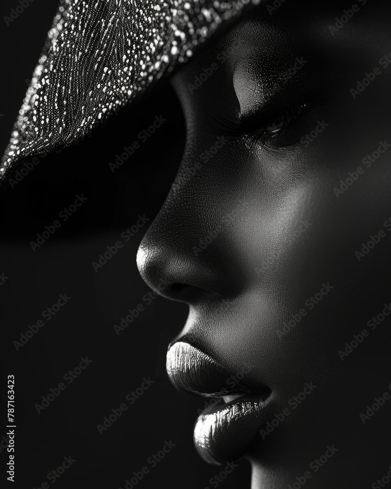Generative AI illustration of monochrome portrait of a woman's profile with shimmering textures, highlighting the interplay of light and shadow