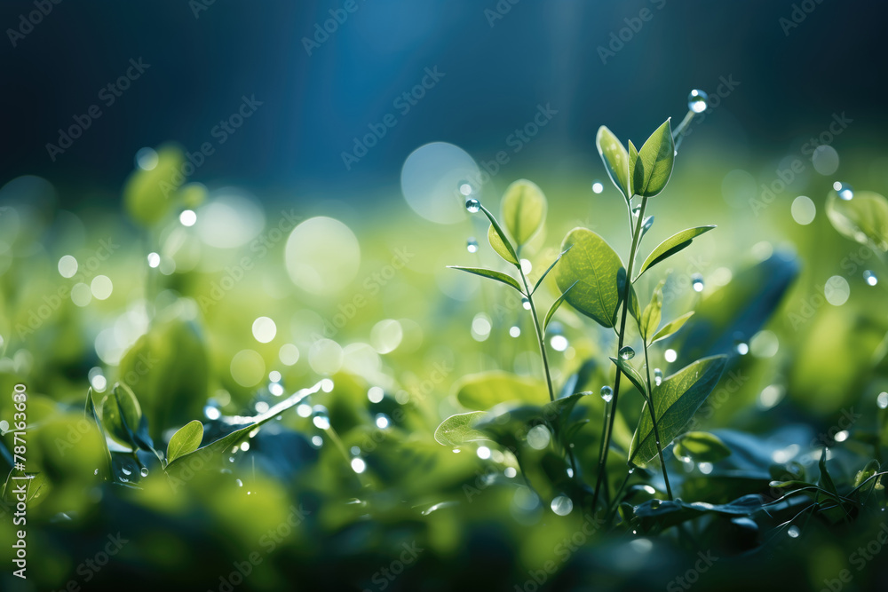 Fresh leaves with dew drops in morning light. Generative AI image
