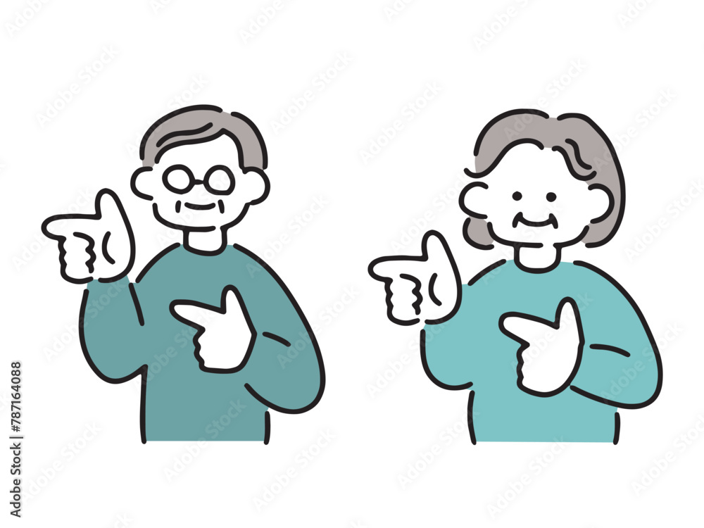 指差しポーズをするシニア夫婦のイラスト 指差しポーズをするシニア夫婦のイラスト
