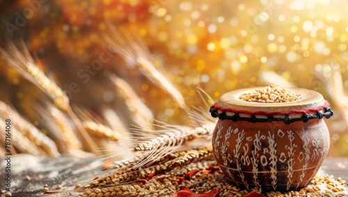 the dhol drum stands on the table next to the ears of wheat, the Indian holiday of Baisakhi, the golden age, banner