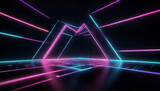abstract illustration of geometric shapes and structures in colorful neon colors and lights in cyberspace against dark background created with generative ai	
