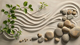 Zen rock garden. Circle patterns and green leaves on background