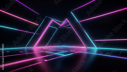 abstract illustration of geometric shapes and structures in colorful neon colors and lights in cyberspace against dark background created with generative ai 