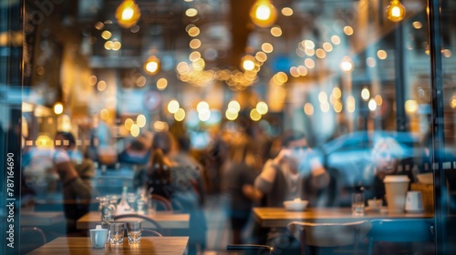 The warm glow of hanging lights creates an inviting atmosphere in this busy cafe, as seen through the blurred window with the hustle of city life passing by