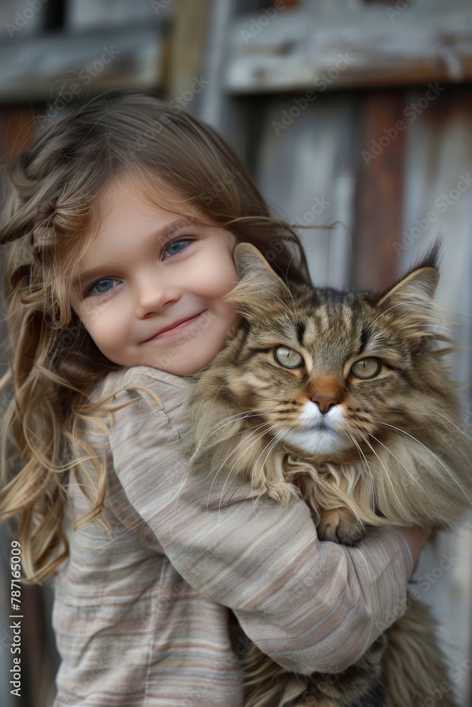 The image is of a child holding a cat. It shows a person smiling while holding a cat outdoors. -- The image is of a child holding a cat. It shows a person smiling while holding a cat outdoors. --
