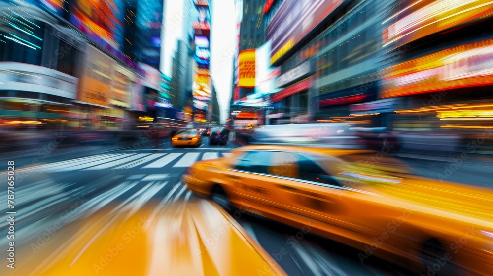 Yellow taxi speeds through the colorful, vibrant streets of Times Square, New York in a motion blur Yellow taxi speeds through the colorful, vibrant streets of Times Square, New York in a motion blur
