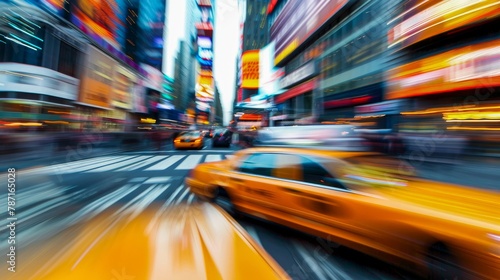 Yellow taxi speeds through the colorful, vibrant streets of Times Square, New York in a motion blur © Radomir Jovanovic