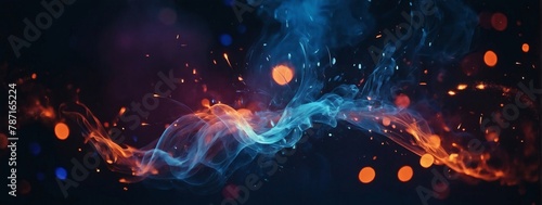 Dark abstract bokeh background  magic smoke and sparks  neon indigo.