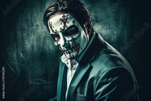 king of narcos wearing gun and mask, abstract background, drug leader photo