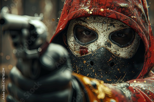 king of narcos wearing gun and mask, abstract background, drug leader