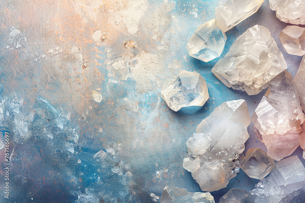 moonstone crystals geode close up on stone background, esoteric blue mineral texture on grey surface moonstone crystals geode close up on stone background, esoteric blue mineral texture on grey surface