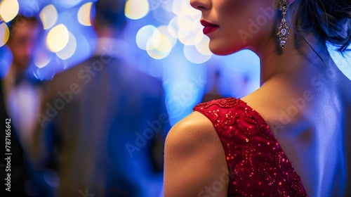 A woman in a red sequin dress at a sophisticated event with blurred background figures and lights photo