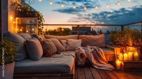 A rooftop terrace is elegantly arranged with plush seating, soft throws, and romantic lighting, perfect for an evening unwind photo
