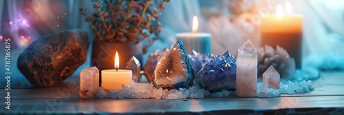 esoteric still life with candles and crystals, magical spiritual healing zen composition, modern witchcraft concept