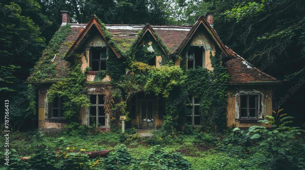 Abandoned creepy old house in the middle of the woods overgrown with and grass on gloomy day Abandoned creepy old house in the middle of the woods overgrown with and grass on gloomy day