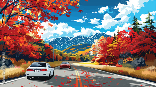 Scene of cars drive along the road with autumn photo