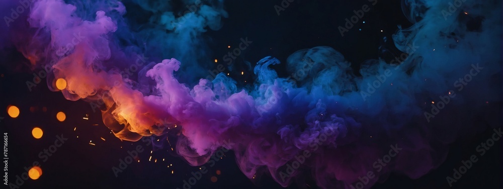 Dark abstract bokeh background, magic smoke and sparks, neon violet.