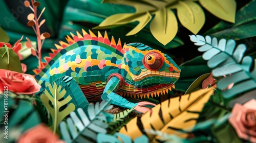 Vivid and intricate origami chameleon crafted in great detail, perched amongst green paper foliage © Radomir Jovanovic