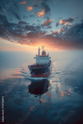 Use of technology in navigation and operation of cargo ships sailing smoothly in calm sea waters. photo