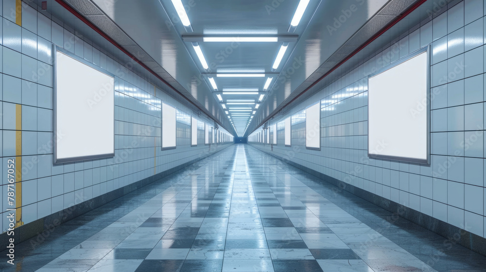 Blank poster mockup inside a subway train station, ready for advertising.