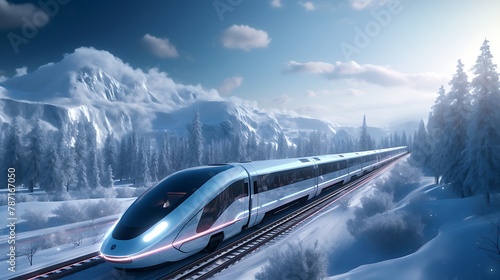 AI-generated engineers designing a futuristic winter transportation system, featuring magnetic levitation trains and energy-efficient vehicles to navigate snowy terrains with ease photo