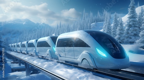 AI-generated engineers designing a futuristic winter transportation system, featuring magnetic levitation trains and energy-efficient vehicles to navigate snowy terrains with ease photo