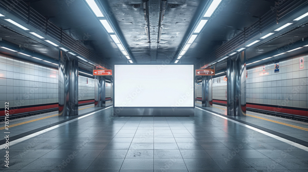 Obraz premium Opportunity to advertise in a busy subway train station with a blank poster mockup, attracting the attention of commuters and travelers.