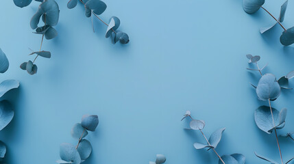 Frame made of eucalyptus branches on blue background Minimal style design with plants Flat lay top view mock up Copy space : Generative AI