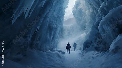 AI-generated explorers trekking through a winter wonderland, discovering hidden ice caves beneath the snow