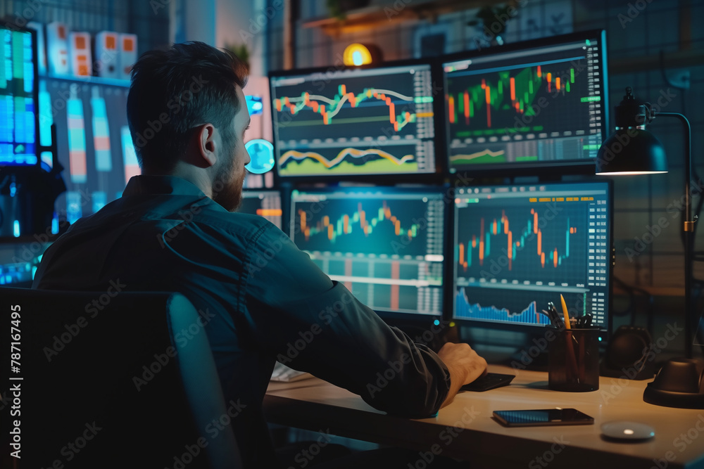 Financial analyst or traders working on computer with real-time stocks and exchange market charts Financial analyst or traders working on computer with real-time stocks and exchange market charts