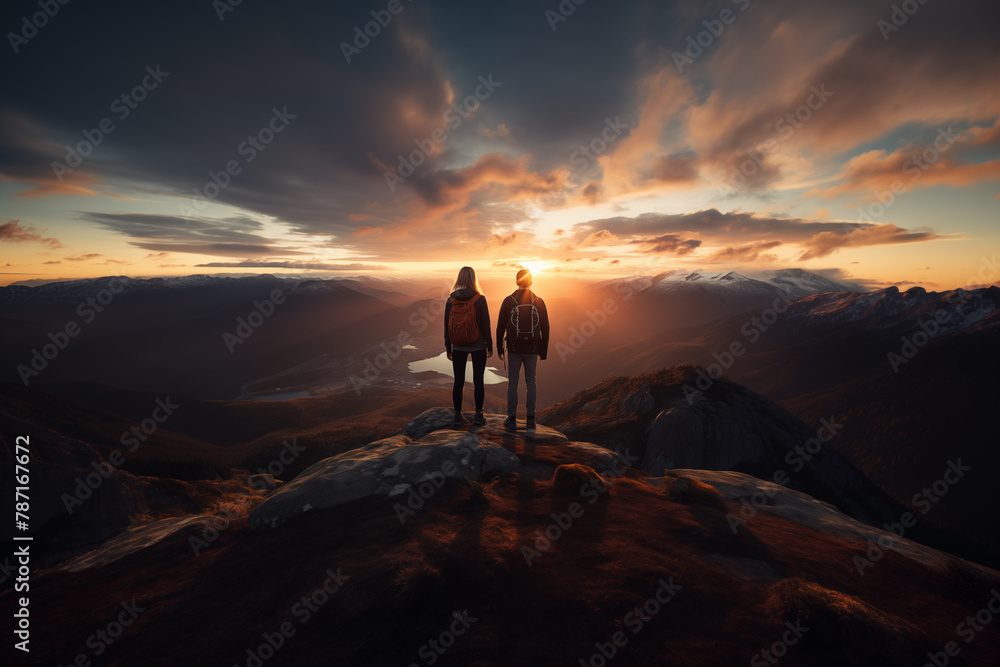 Traveler couple stand on mountain looking on beautiful view with foggy valley and sunbeams on sunset