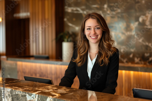 Portrait of young friendly and welcome receptionist woman in modern hotel reception counter