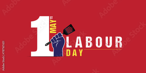 1 one with the raised hand holding cooking chef spoon, 1st May Happy Labor Day cook chefs, mom, Thank You for Your Hard Work. Editable vector illustration