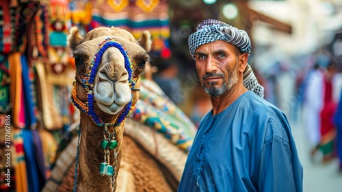 A man in traditional attire stands next to a decorated camel at a bustling market, capturing culture and commerce photo