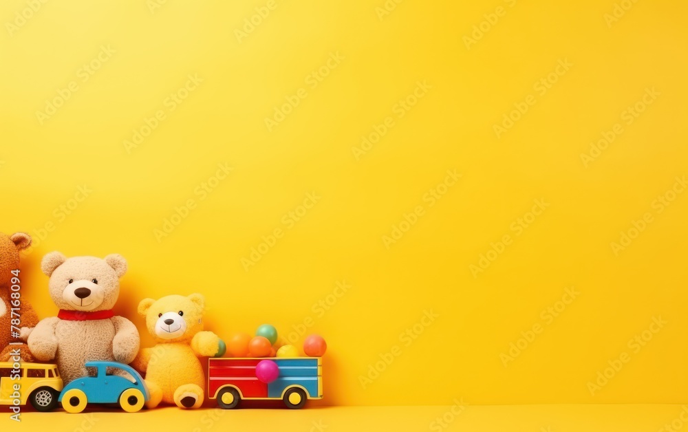 Colorful Childhood Toys on Yellow Background