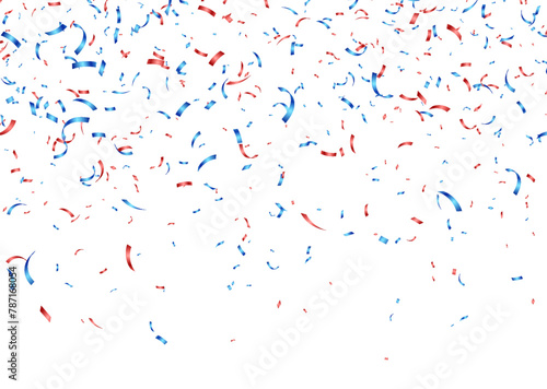 Blue and red confetti, falling paper ribbons, USA 4th of July celebration decoration, Independence Day background. Vector illustration.
