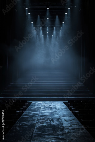 An empty runway set for a fashion show with a catwalk background, creating a stylish and modern atmosphere for a glamorous event.
