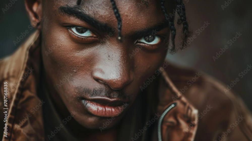 In a dynamic pose a black man stares straight into the camera with unwavering intensity. Through his piercing gaze and strong stance he embodies the resilience and defiance of black . In a dynamic pose a black man stares straight into the camera with unwavering intensity. Through his piercing gaze and strong stance he embodies the resilience and defiance of black .