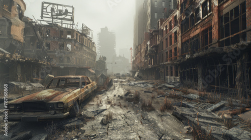 A 3D rendering of a postapocalyptic ruined city with destroyed buildings, burntout vehicles, and ruined roads, depicting a desolate and dystopian landscape.