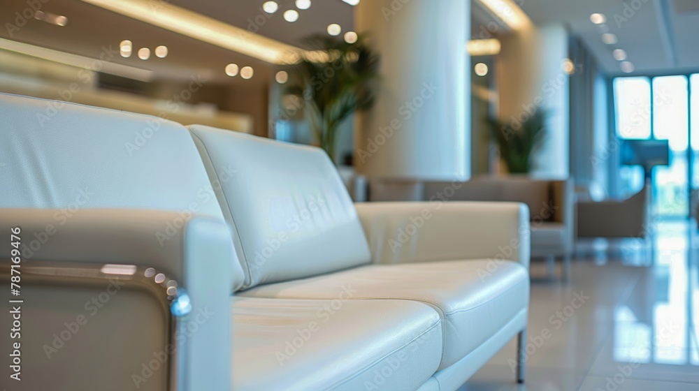 An elegant and modern white leather sofa in a well-lit, clean lobby with plants and furniture in the background