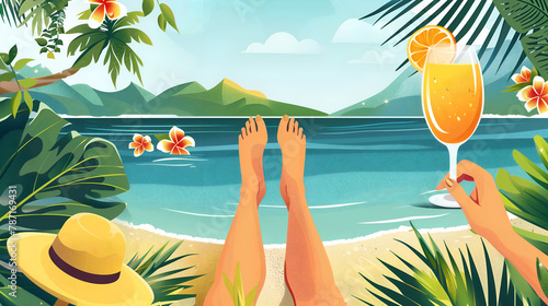 Summertime illustration with copy space. A woman enjoys an orange juice on a paradisiacal beach while lying on the sand. 